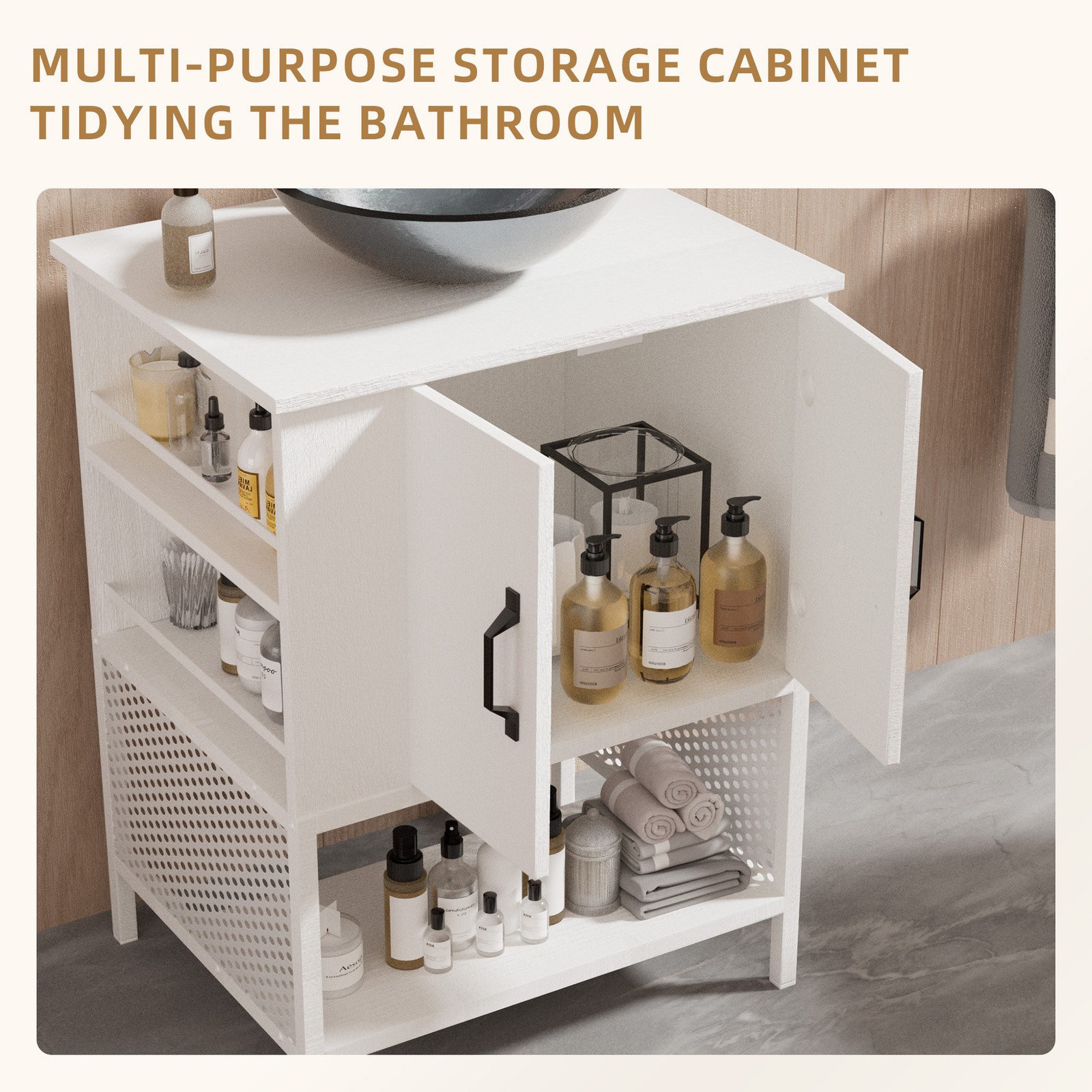 24″ Small Bathroom Vanity w/ Tempered Glass Sink Freestanding Cabinet Open Shelf