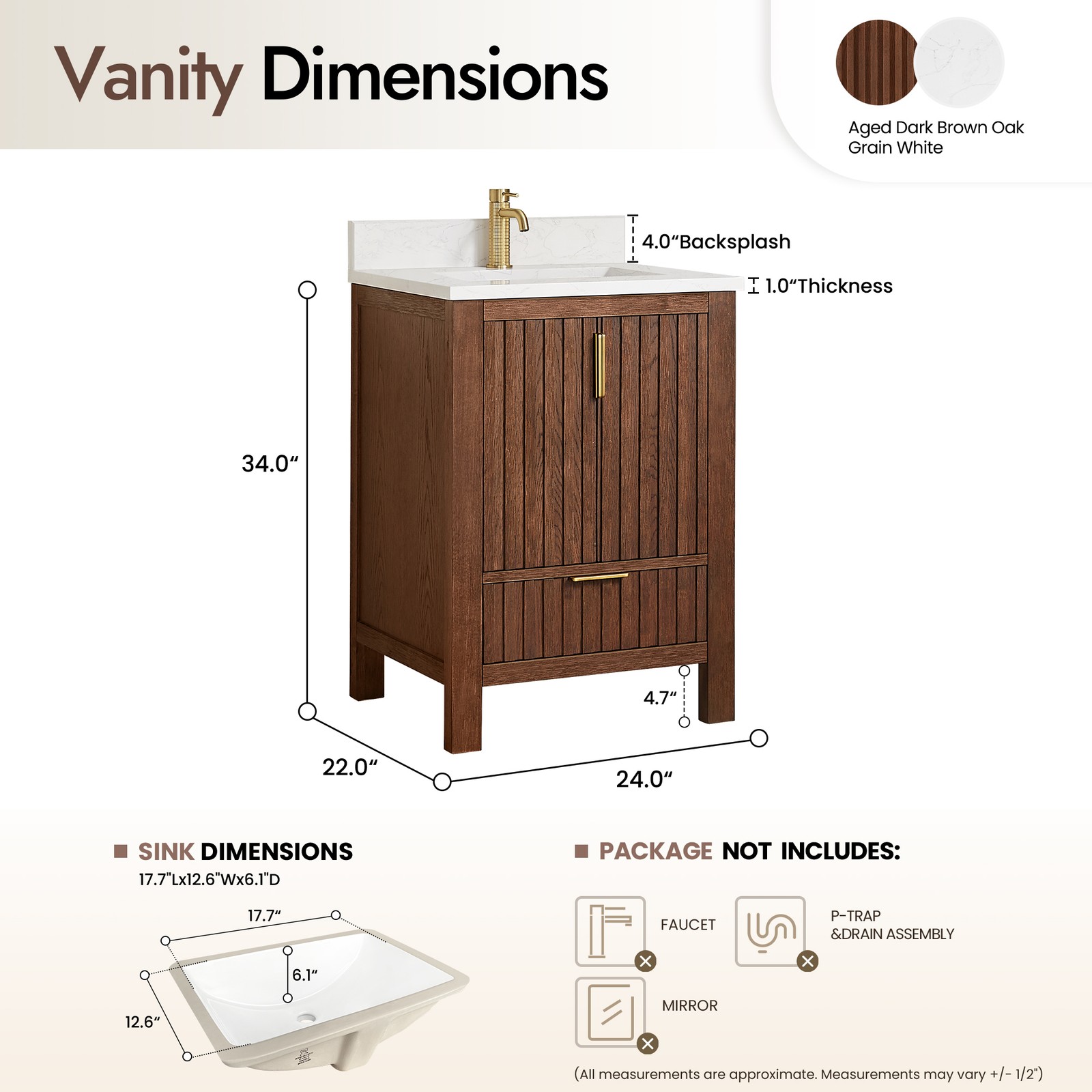 Shenzhen 24″ Single Bath Vanity in Aged Dark Brown Oak with Composite Stone Top