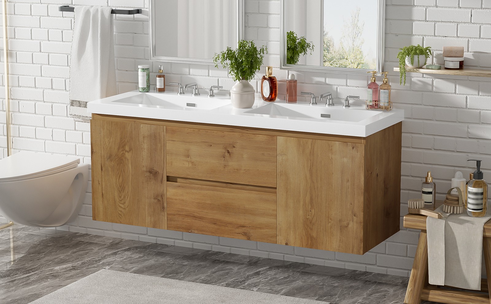 59.3″ Wall-Mounted Double Sink Bathroom Vanity with SMC Top, MDF Cabinet Wood