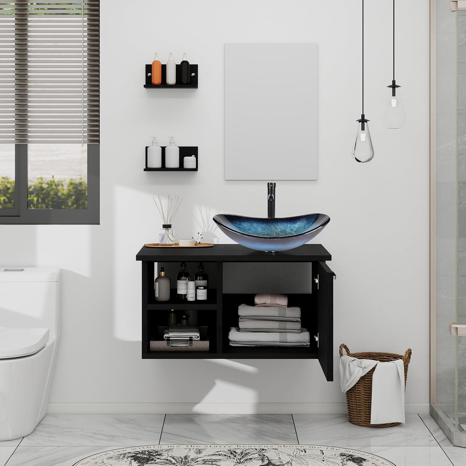 28 in Single Sink Vanity Floating Bathroom Cabinet with Glass Vessel Sink Combo