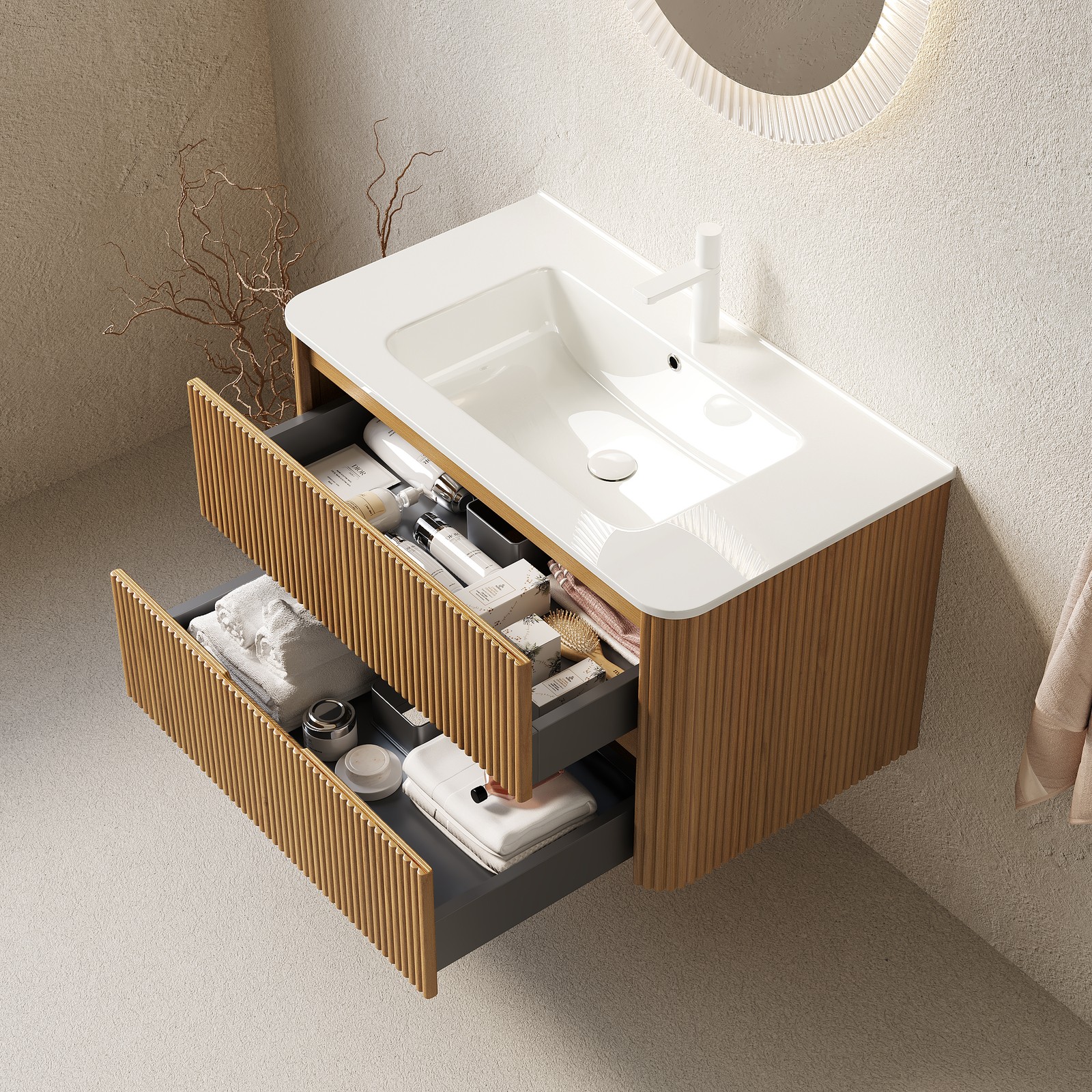 36″ Wall-Mounted Bathroom Vanity with Sink, 2 Drawers, White Ceramic Basin