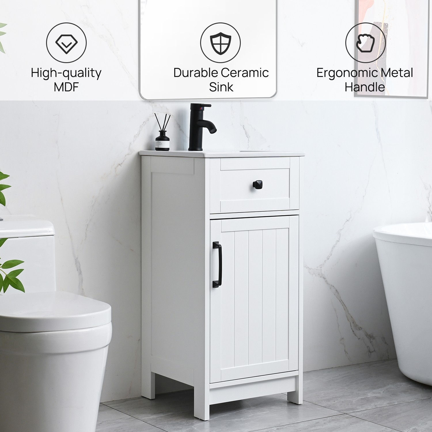 16″ Bathroom Vanity with Sink Small Cabinet Ceramic Sink Set Faucet &Drain Combo