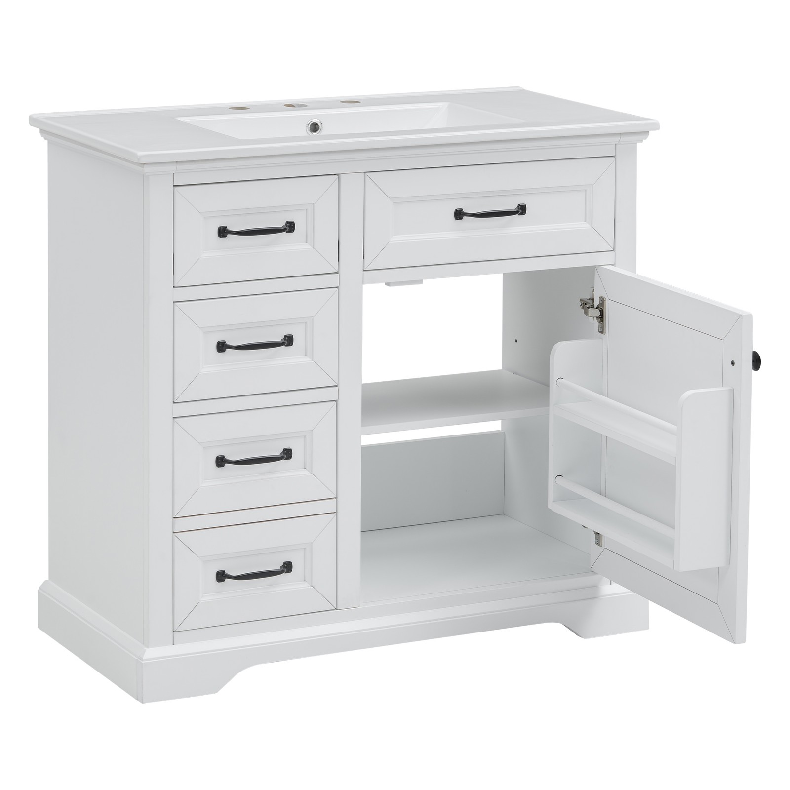 36″ Bathroom Vanity with Ceramic Sink Top, 4 Drawers & 1 Soft-Close Door