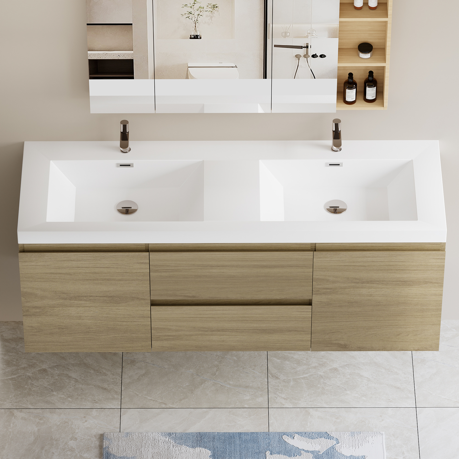 60″ Floating Wall-Mounted Bathroom Vanity 2Drawers Doors Double Resin Basin Sink