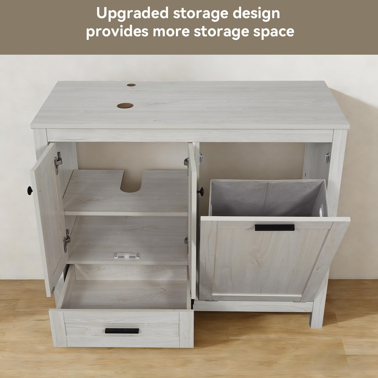 42″ Bathroom Vanity Cabinet with Removable Laundry Hamper, Modern Standing Pedes