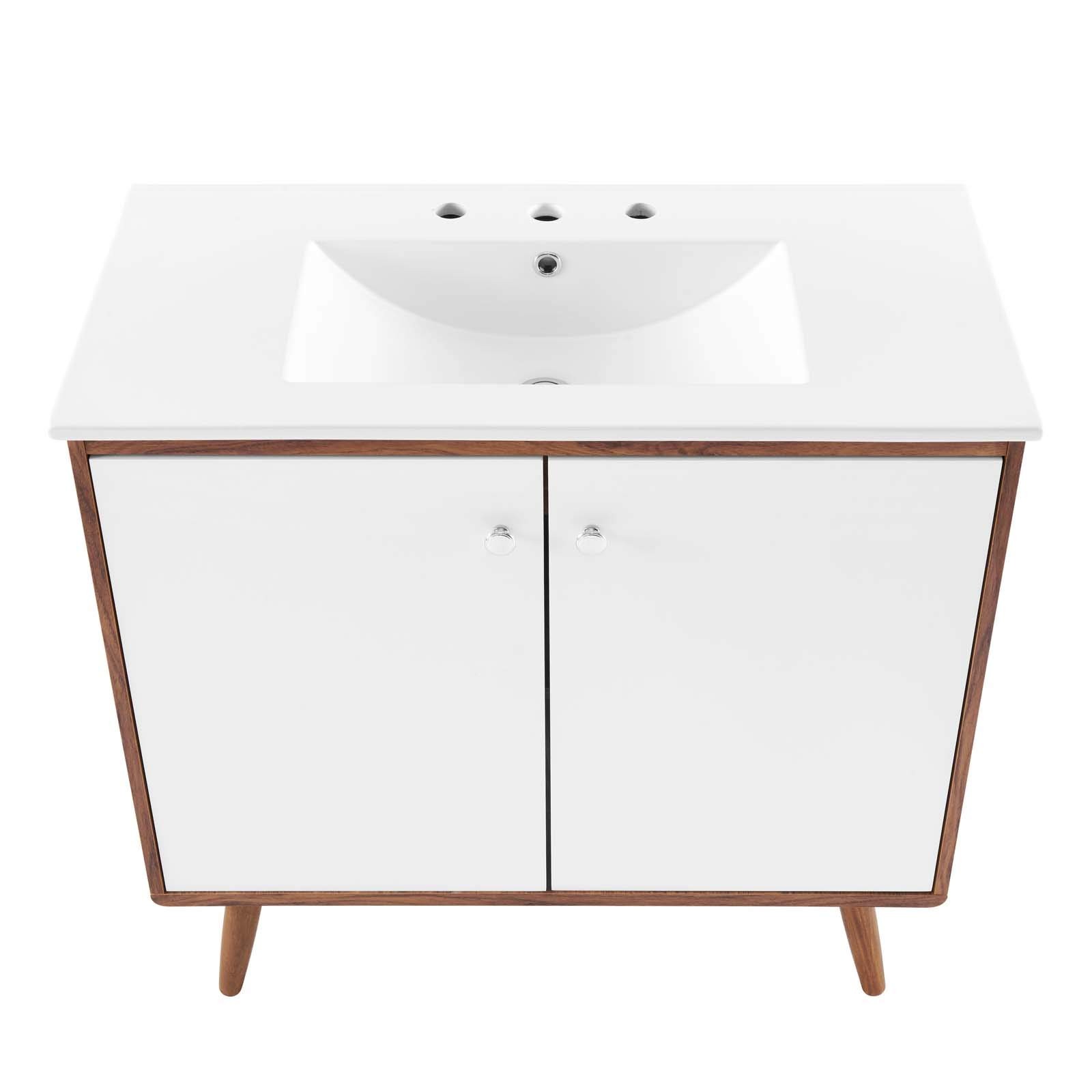 Modway Transmit 36″ Modern Wood and Ceramic Bathroom Vanity in Walnut/White
