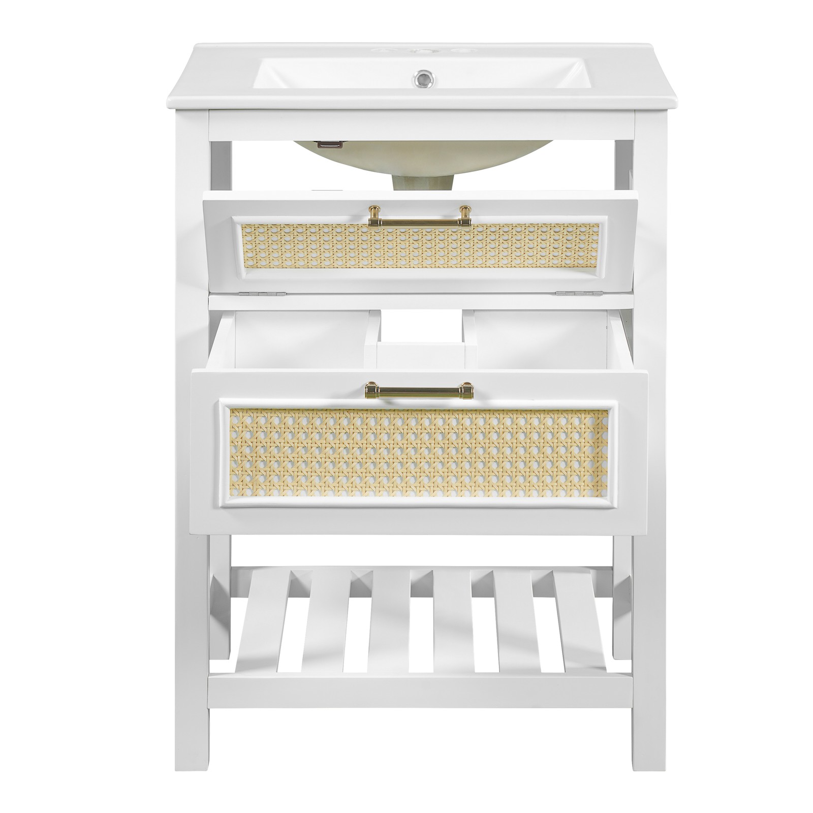 24″ White Bathroom Vanity with Ceramic Sink and 2 Drawers