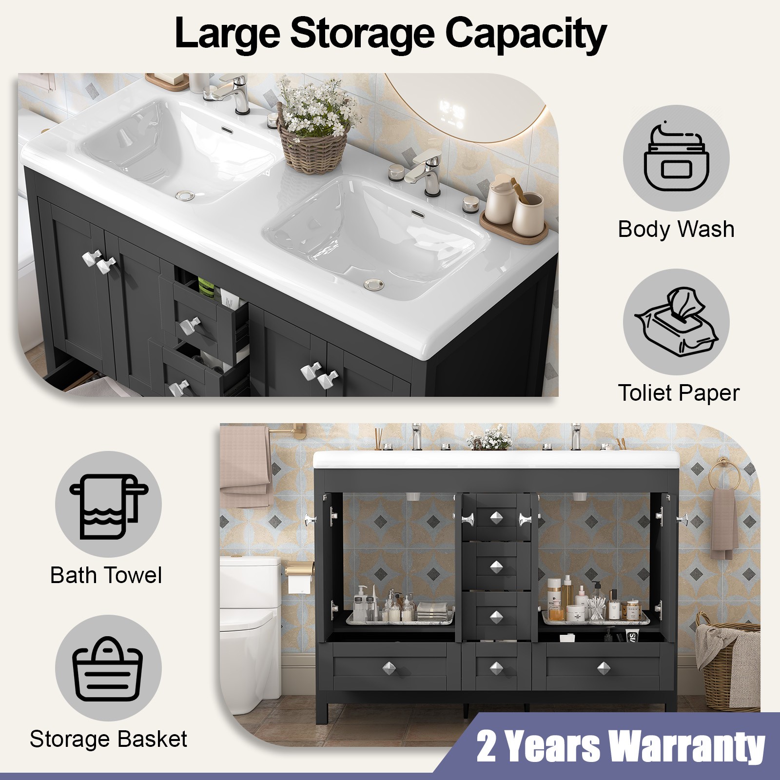 47″ Modern Freestanding Bathroom Vanity w/ Double Sink Ceramic Organizer Cabinet