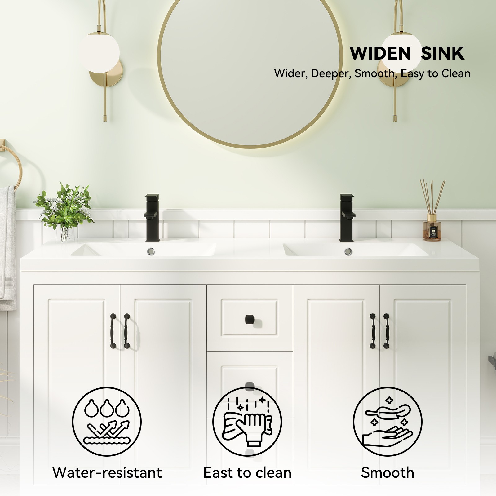 60″ Bathroom Vanity Freestanding with Sink Soft Close 4 Doors 3 Drawers Faucet