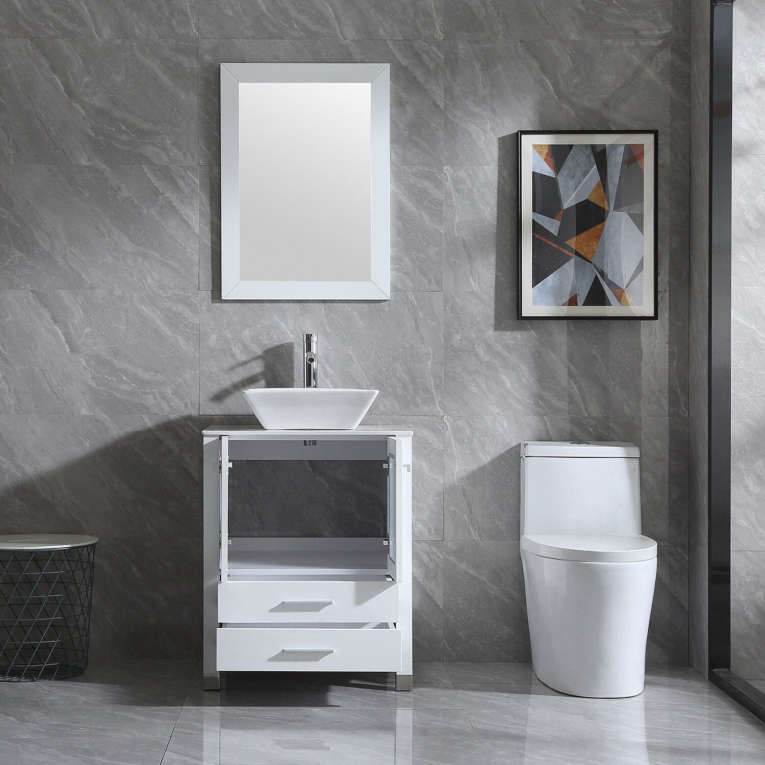 24″ Bathroom Vanity Single Basin Ceramic Sink Set with Faucet Mirror Combo white