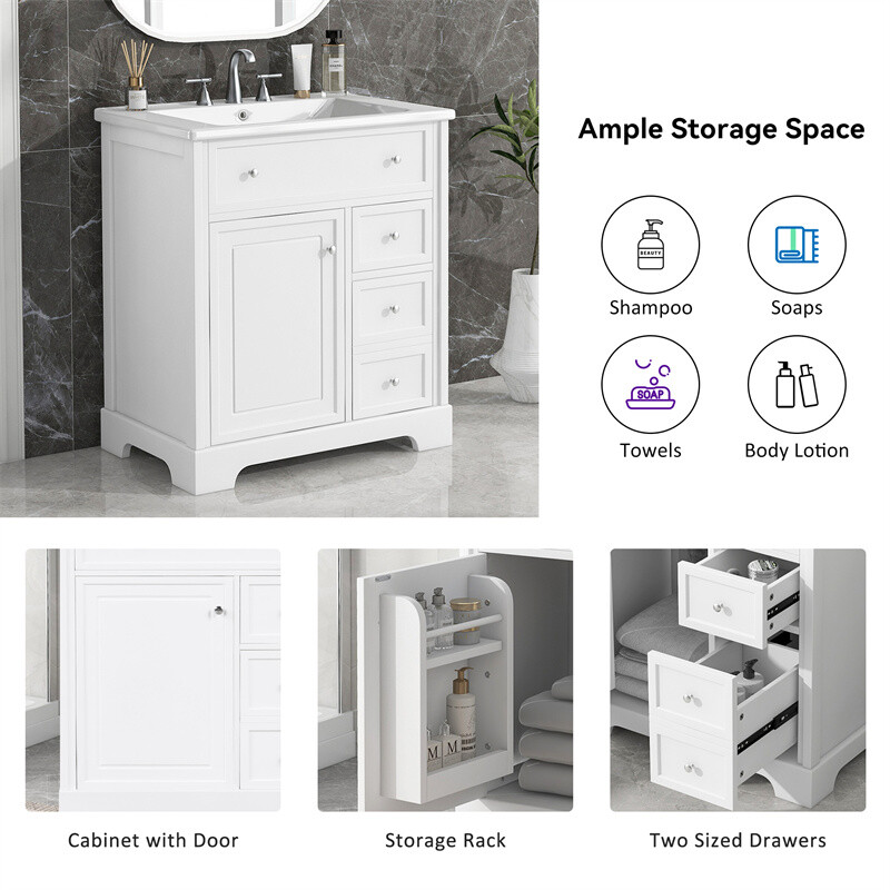 30″ White Bathroom Vanity with Ceramic Sink Set Storage Cabinet w/Door & Drawers