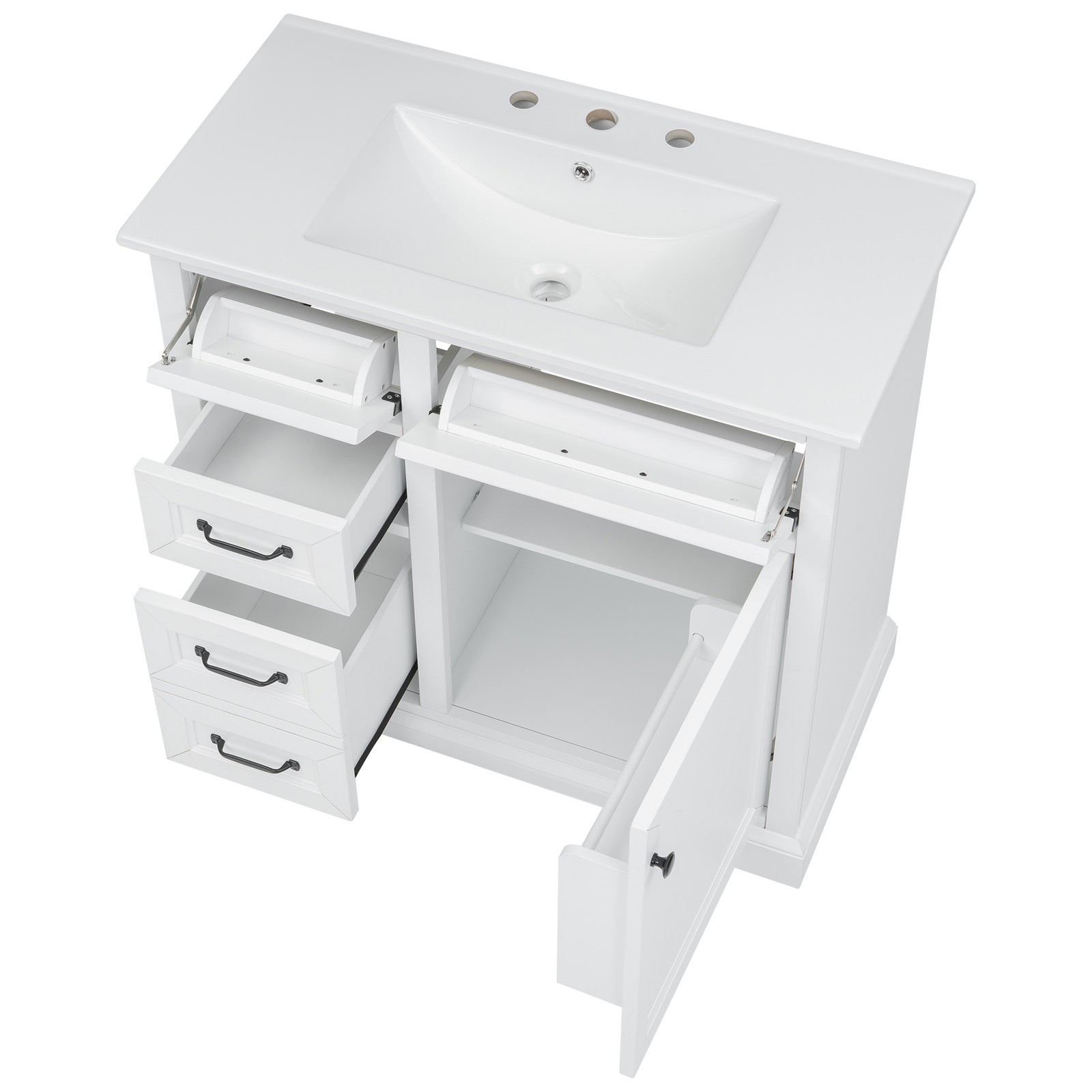 36″ Bathroom Vanity with Ceramic Sink Top, 4 Drawers & 1 Soft-Close Door