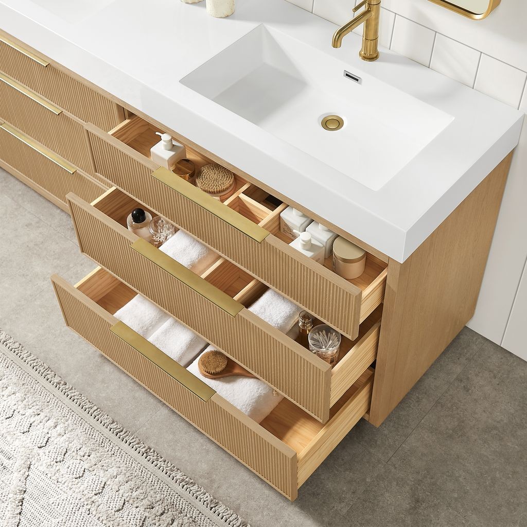 Hohhot 72″ Double Bath Vanity in Washed Ash Grey with White Stone Top