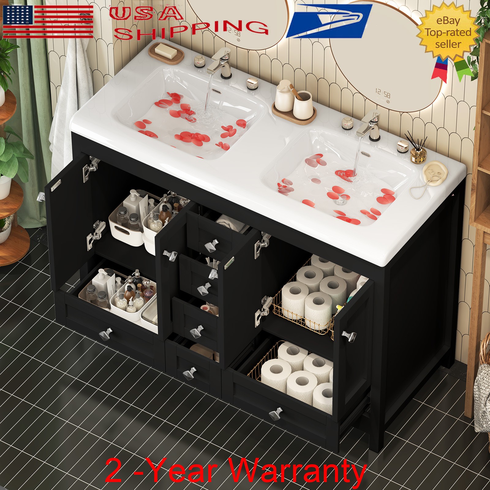 47in Large Freestanding Bathroom Cabinet with Double Sink Black Vanity Cabinet