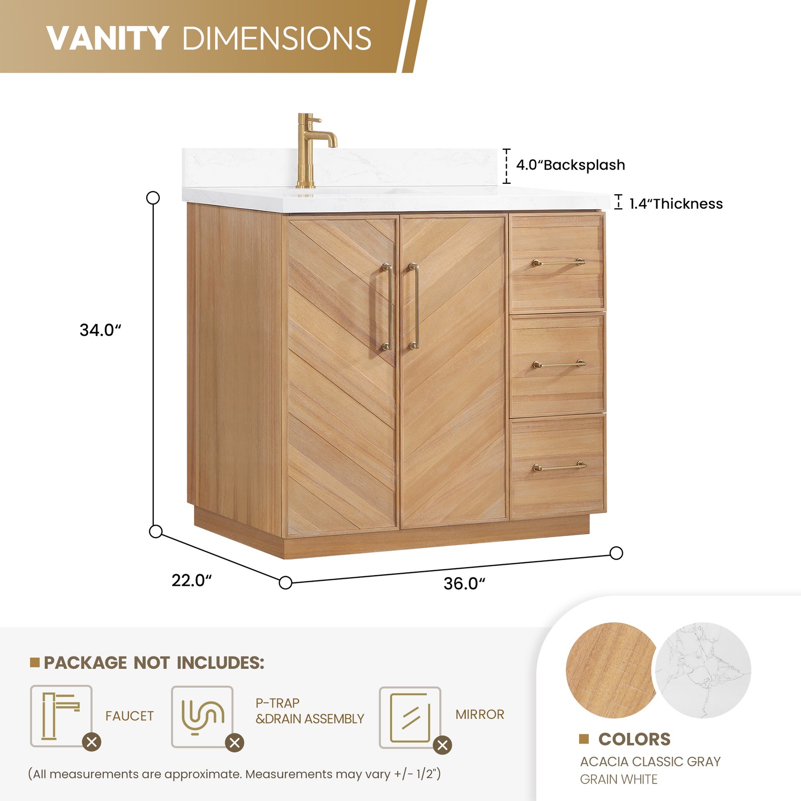 Karachi 36″ Single Bath Vanity in Acacia Classic Gray with Composite Stone Top