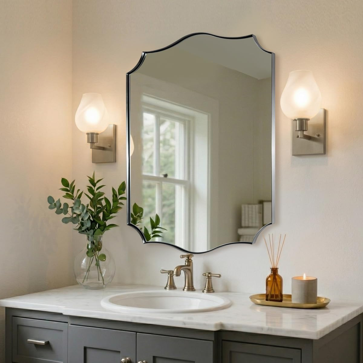 Brushed Nickel Scalloped Bathroom Mirror 24×32″ – Vintage Wavy Edge Design