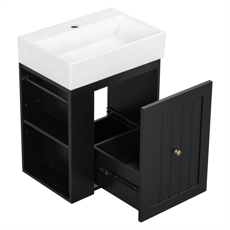 20″ Bathroom Vanity w/Ceramic Sink Black Storage Cabinet with Drawer,Side Shelf