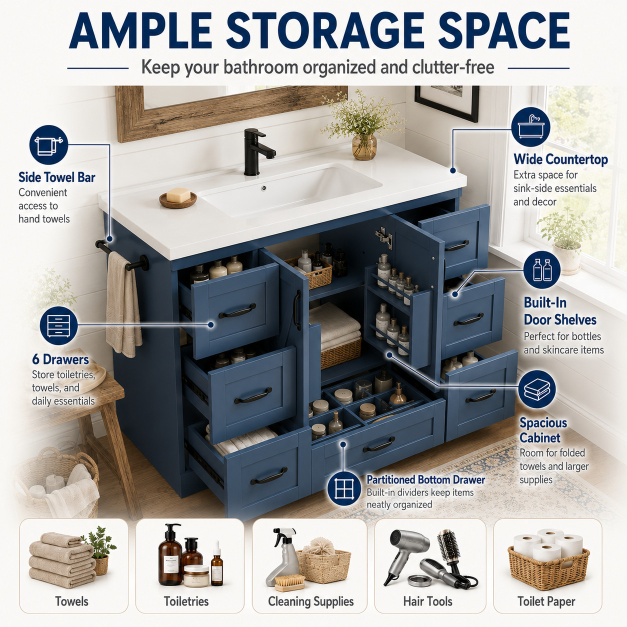 48″ Bathroom Vanity with Sink Ceramic Top Navy Blue Farmhouse Cabinet