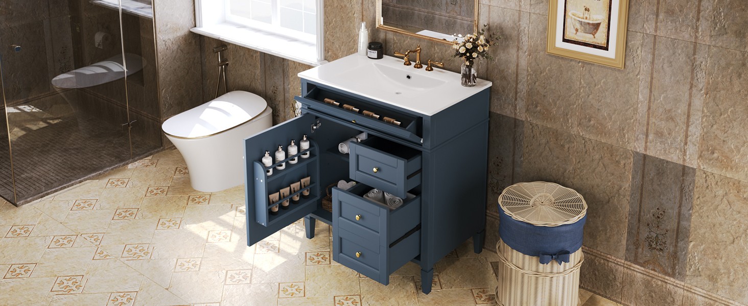 30″ Bathroom Vanity with Sink, 2 Drawers & Tip-Out Drawer, Blue