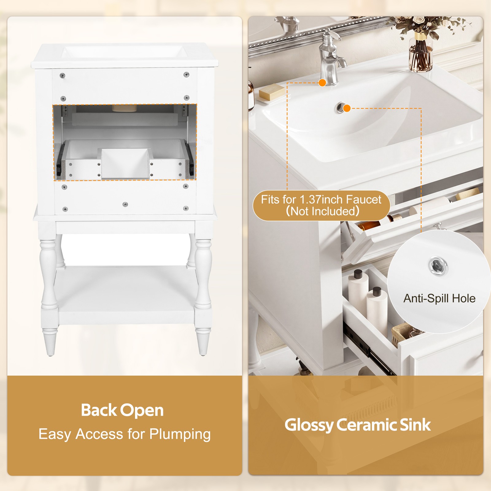 FUNIDEE 20” Bathroom Vanity Set Storage Cabinet with Ceramic Sink Combo Whtie