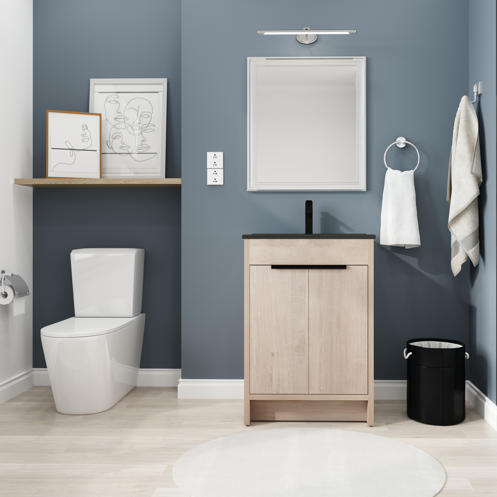 24″Wooden Floor Free Standing Bathroom Vanity Black Sink Cabinet For Small Space