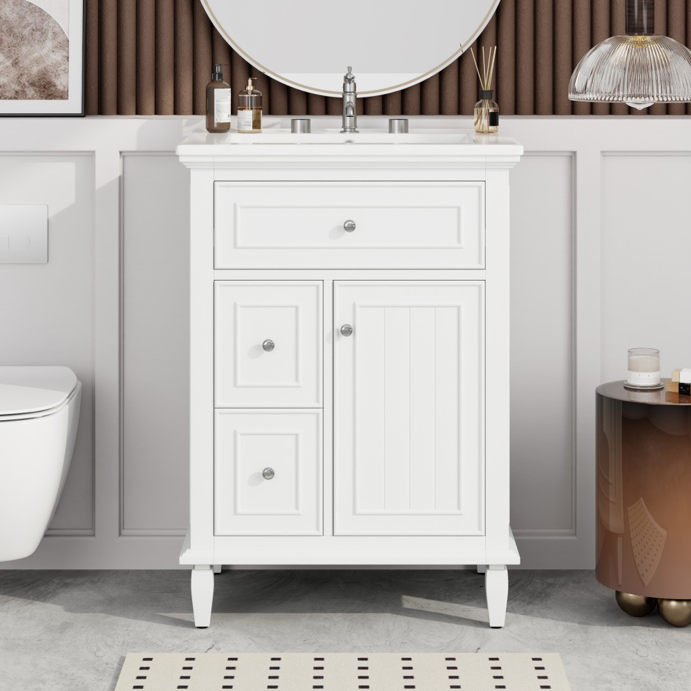 24 Inch White Bathroom Vanity with Ceramic Sink Solid Wood MDF Cabinet