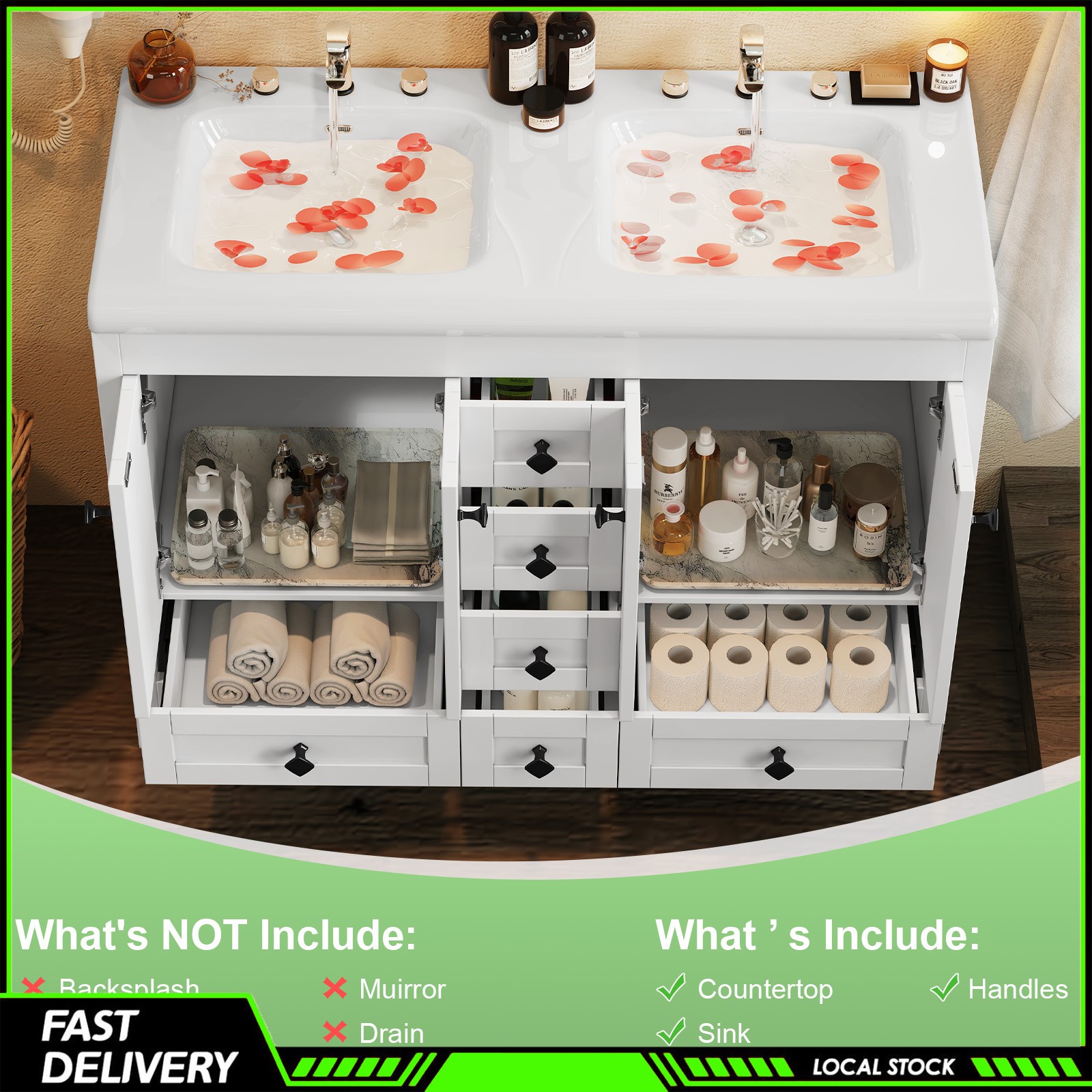 47 Inch White Modern Bathroom Vanity Double Ceramic Sinks Freestanding 5 Drawers