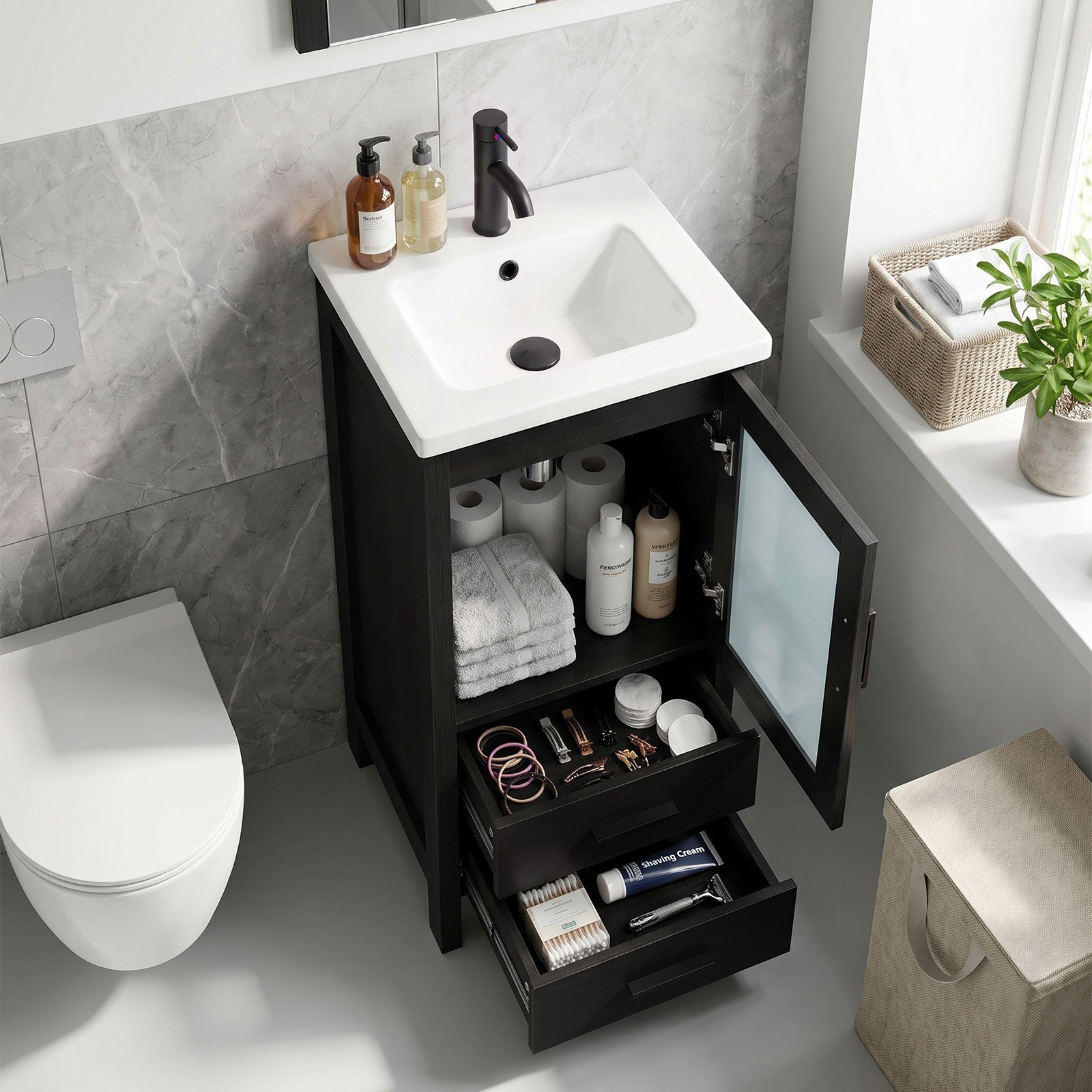 16 Inch Modern Bathroom Vanity Ceramic Vessel Sink Basin Cabinet Set Compact