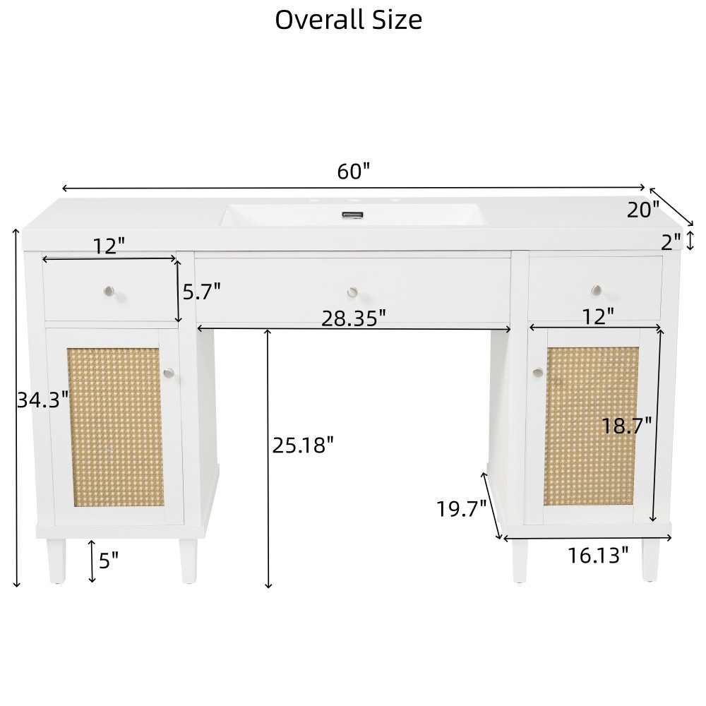60 Inch Bathroom Vanity with SMC Sink, Modern Spacious Bathroom Storage Cabinet