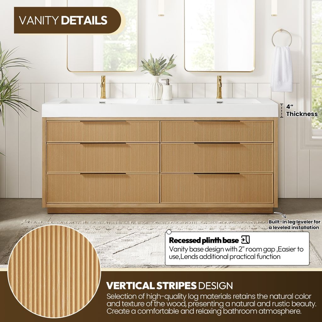 Hohhot 72″ Double Bath Vanity in Washed Ash Grey with White Stone Top