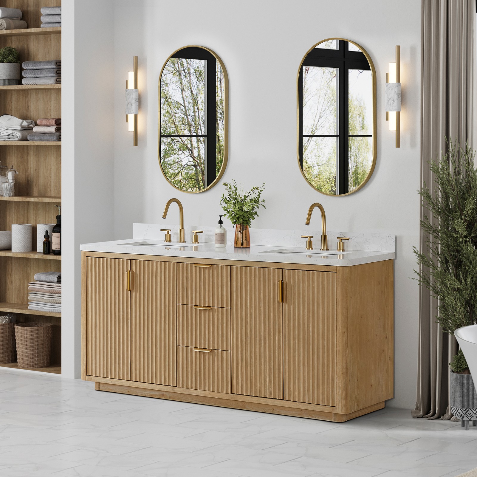 Cadiz 72″ Double Bathroom Vanity in Washed Ash Grey w/Lightning White Composite