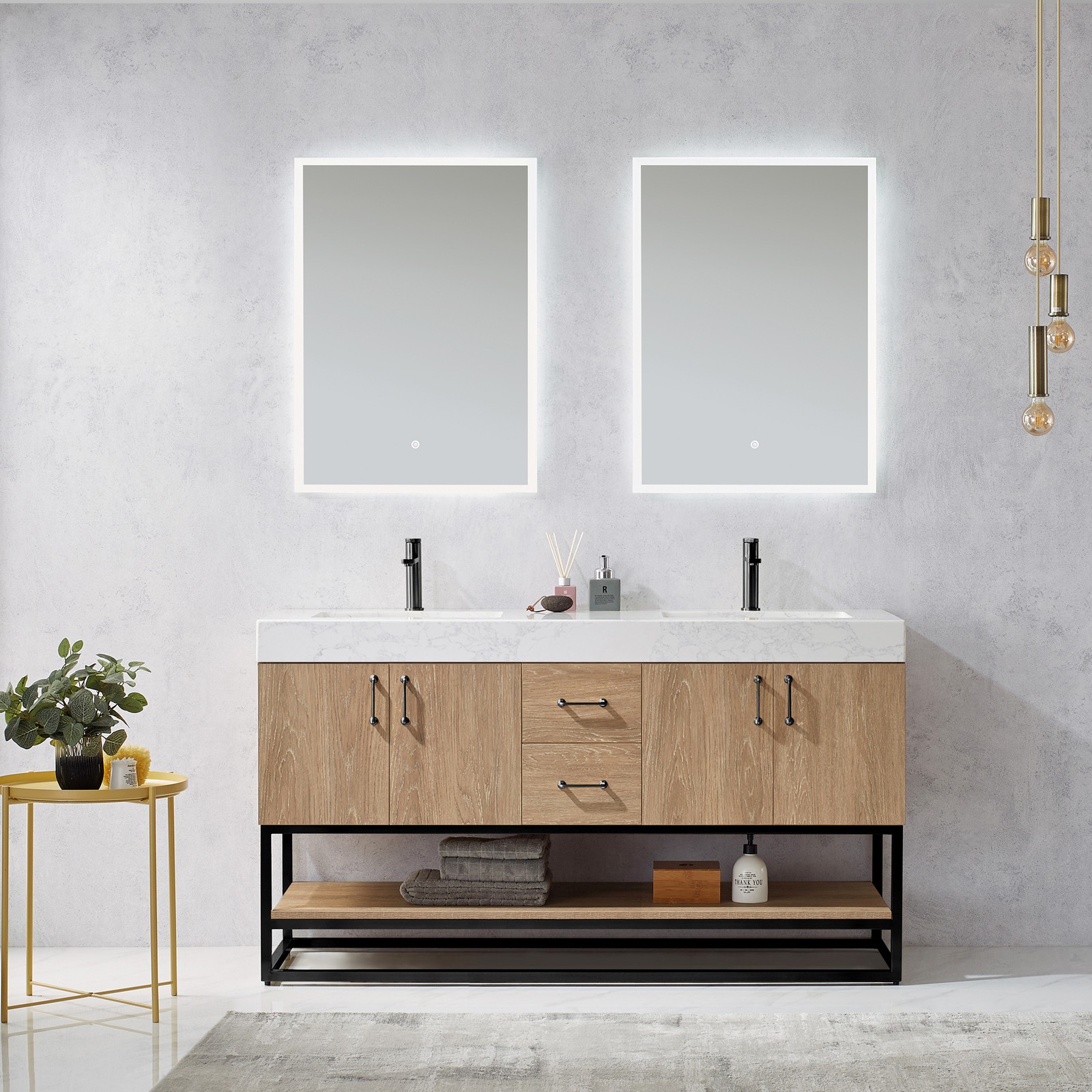 Vinnova Alistair 60″ White Stone Top Oak Double Vanity Black Frame w/o Mirror