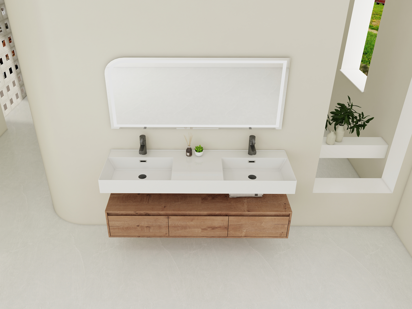 60″ Wood Floating Wall Mounted Bathroom Vanity with Double Resin Sink +3Drawers