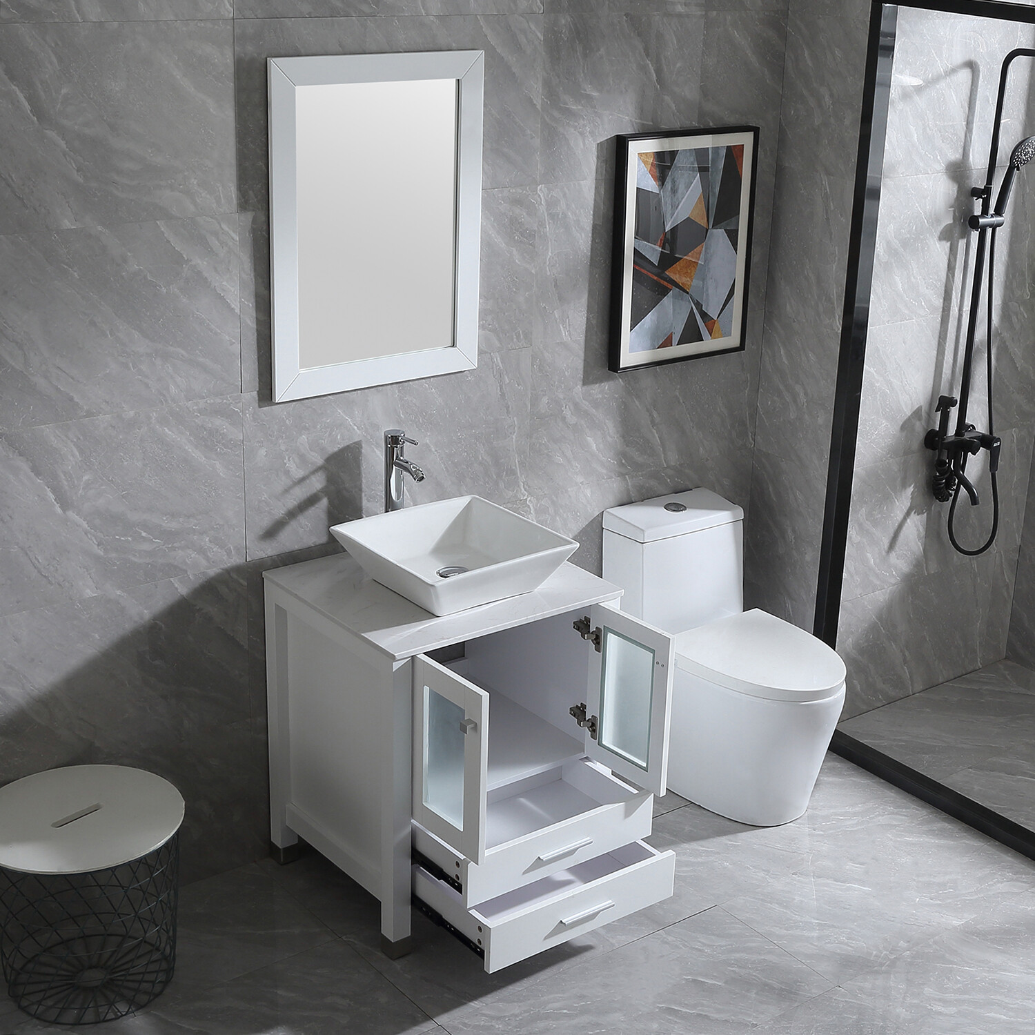 24″ Bathroom Vanity Single Basin Ceramic Sink Set with Faucet Mirror Combo white