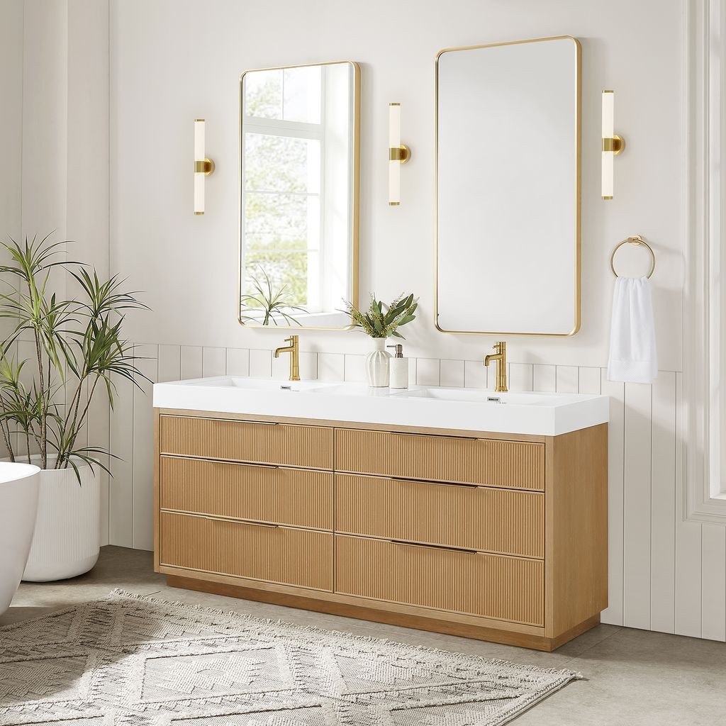 Hohhot 72″ Double Bath Vanity in Washed Ash Grey with White Stone Top