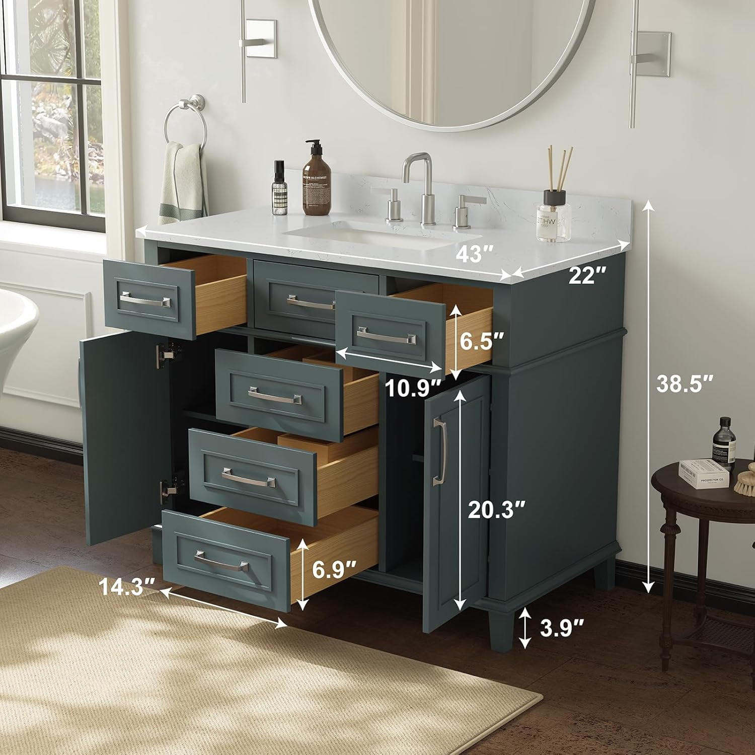 Modern 42″ Green Bathroom Vanity with Sink, Soft Close Doors & Dovetail Drawers