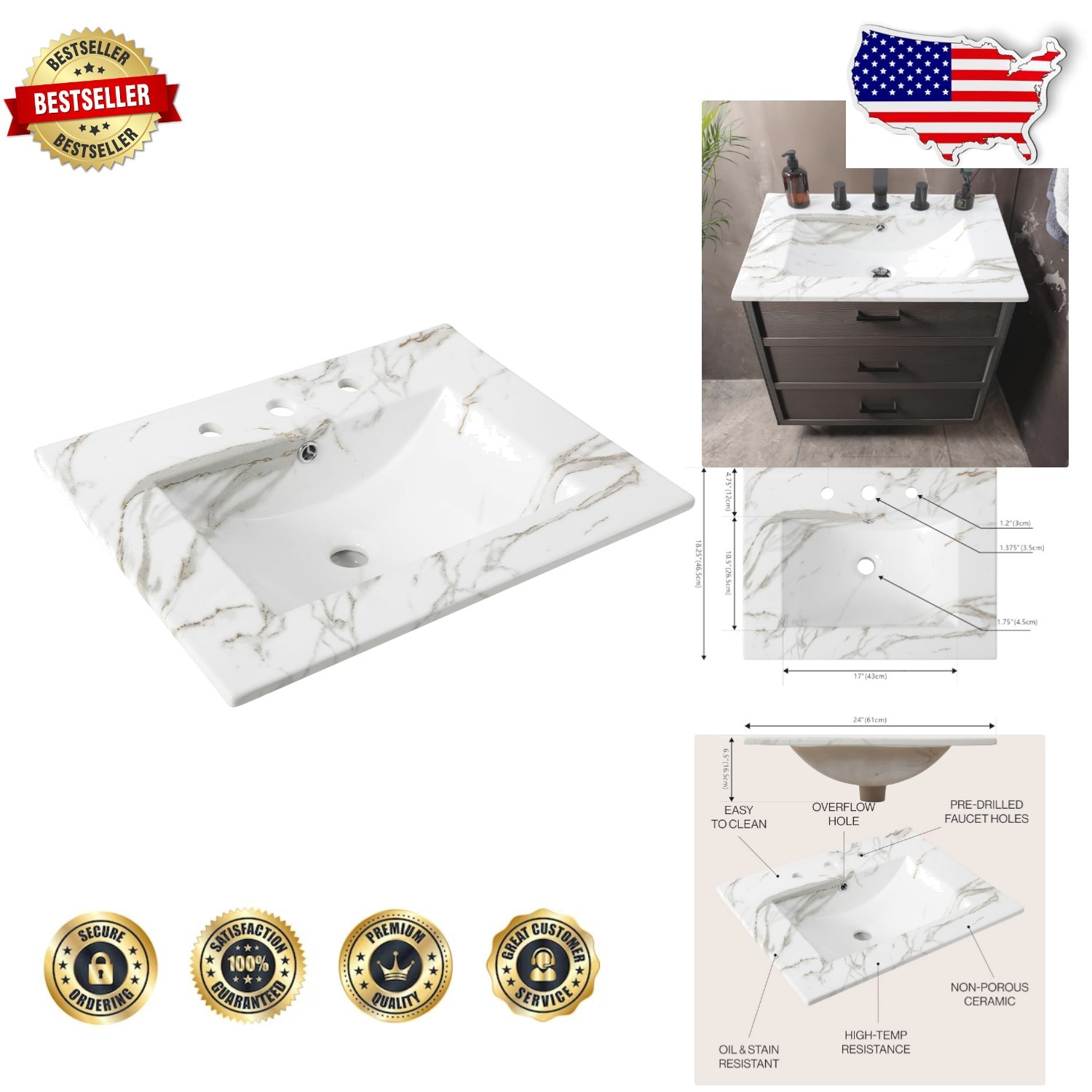 Elegant 24″ Ceramic Vanity Sink Top White Marble Effect Rectangular 3-Hole