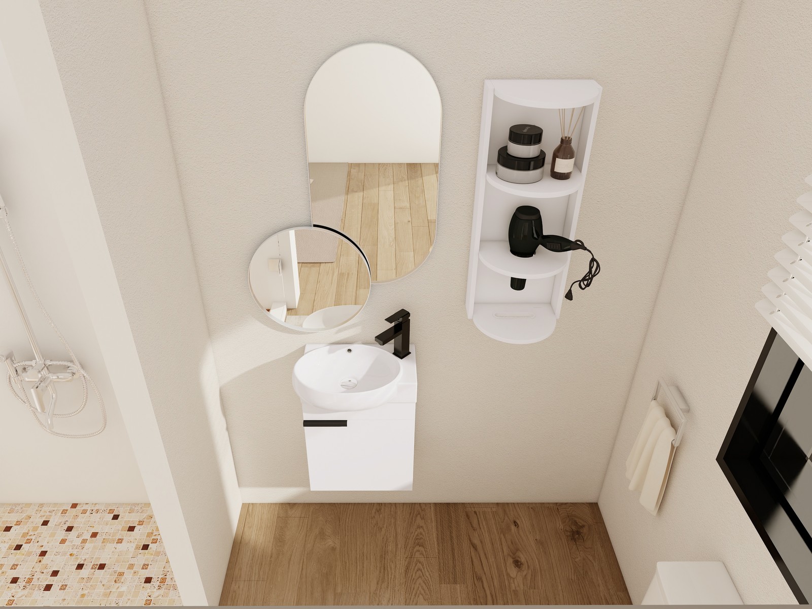 16″ Plywood Freestanding Bathroom Vanity Ceramic Sink Basin +Storage Rack White