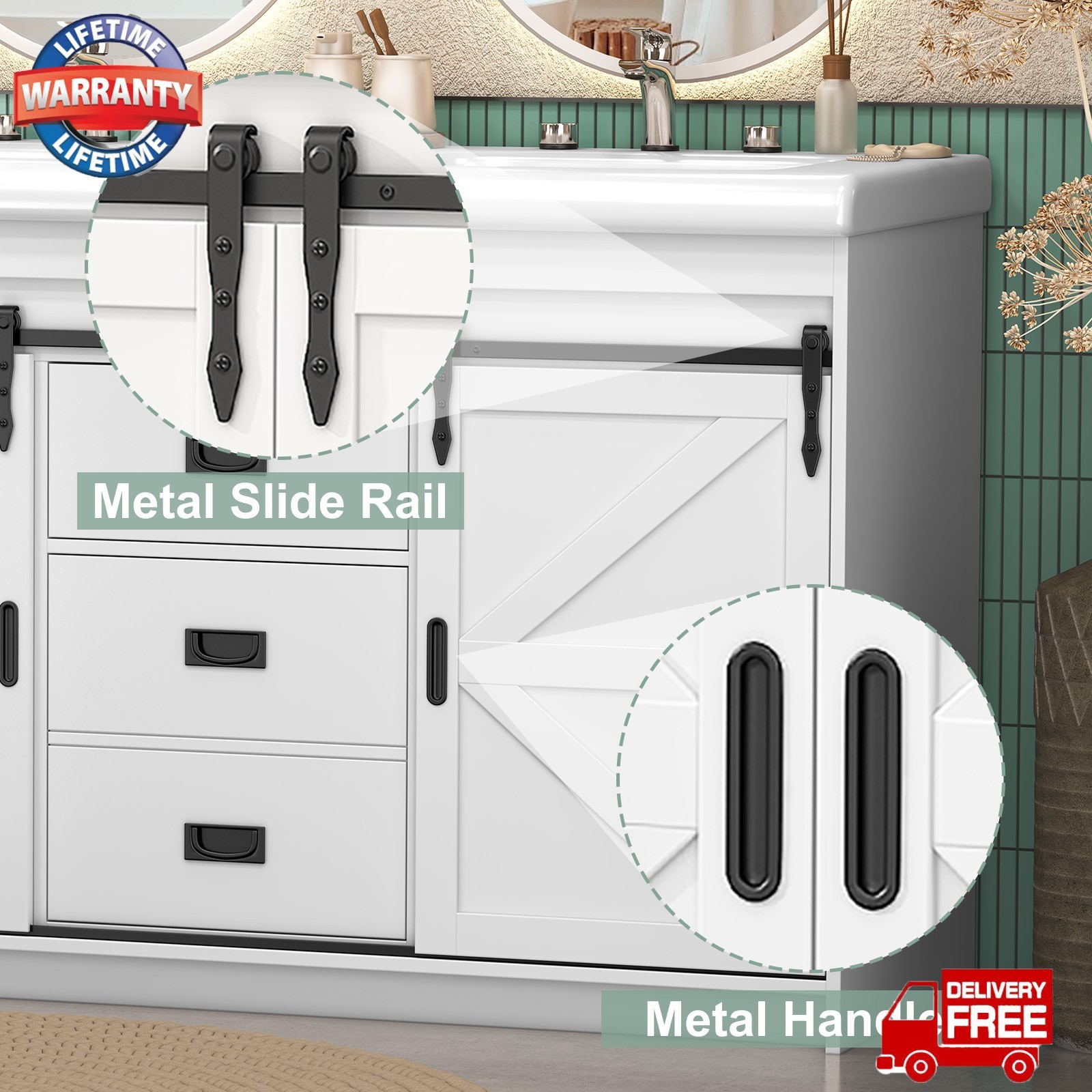 47″ Bathroom Vanity w/Double Ceramic Sink, Freestanding Vanity Cabinet,2 Drawers