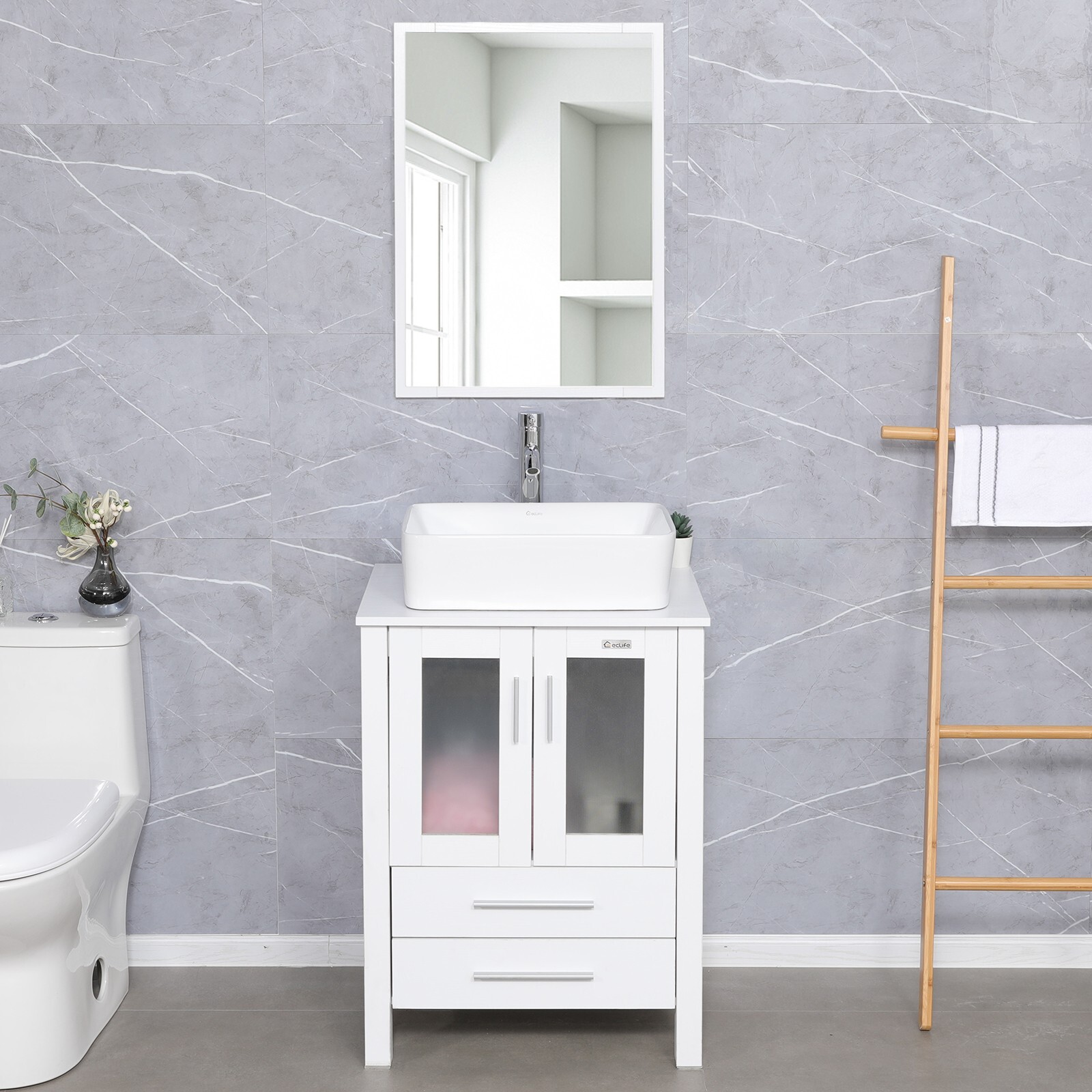 24 In White Bathroom Vanity Cabinet Set Vessel Glass Sink Faucet Combo No Mirror