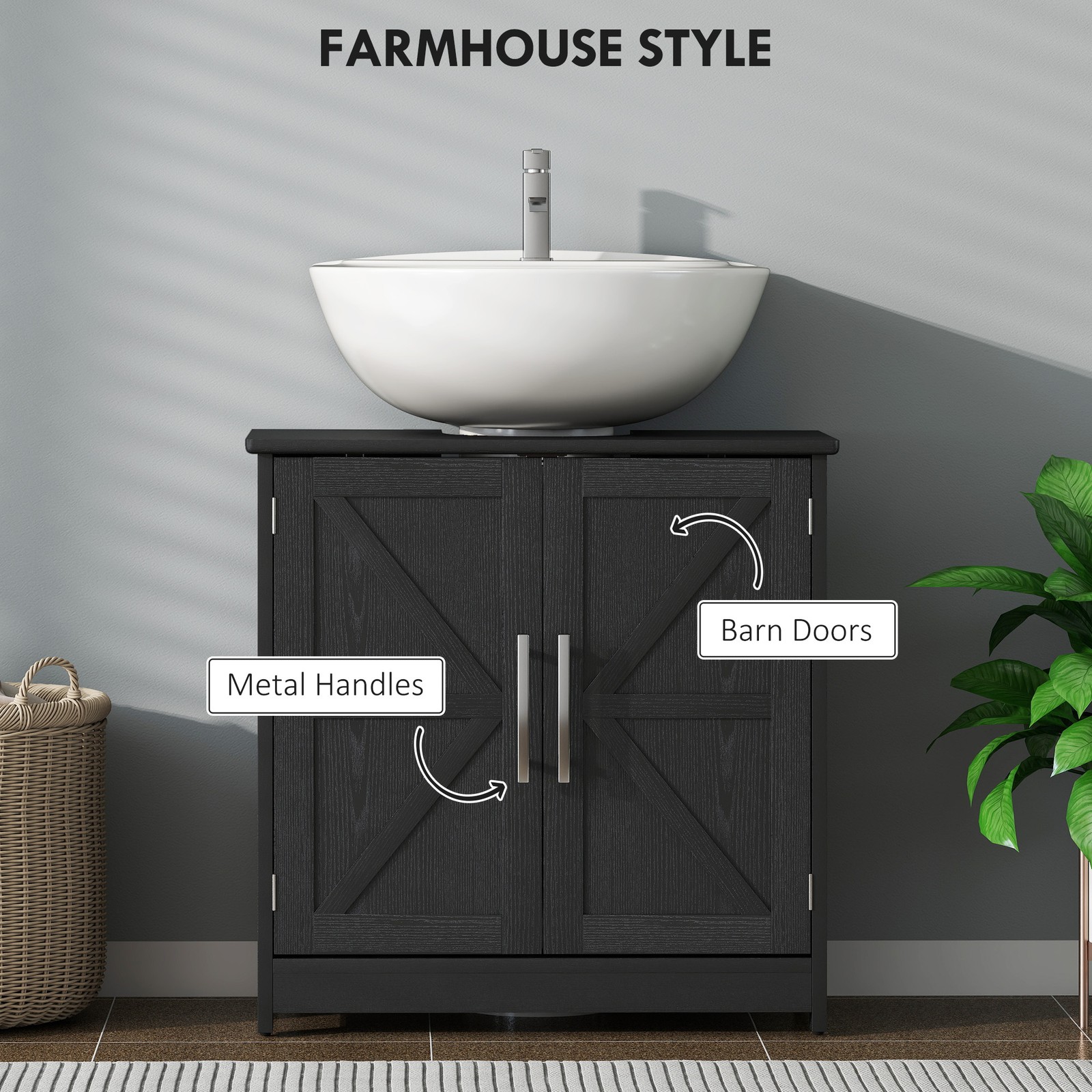 HOMCOM Pedestal Sink Storage Cabinet, Bathroom Sink Cabinet, Distressed Black