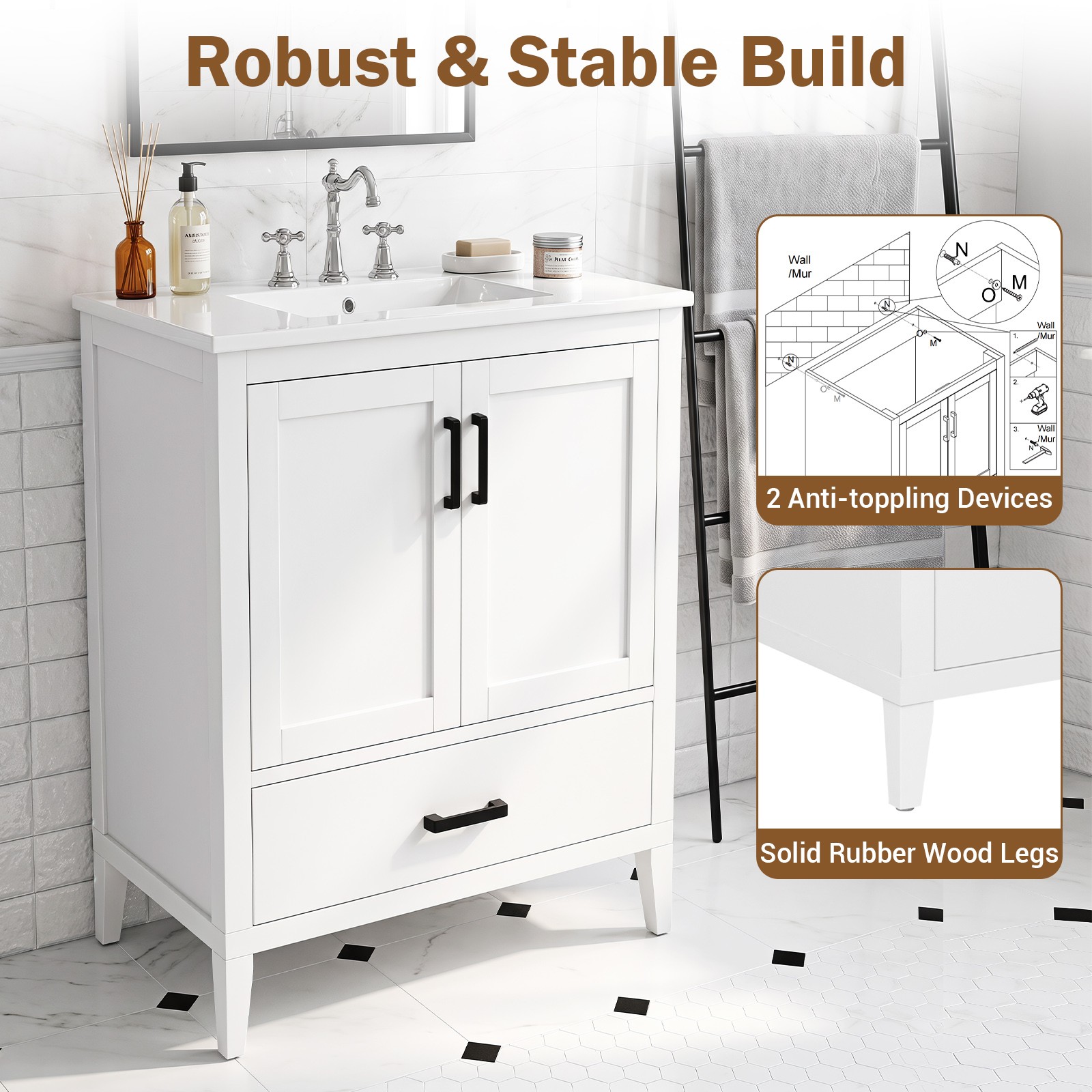 24.5” Modern Bathroom Vanity w/Sink, 2 Doors & Drawer, Rubber Wood Legs, White