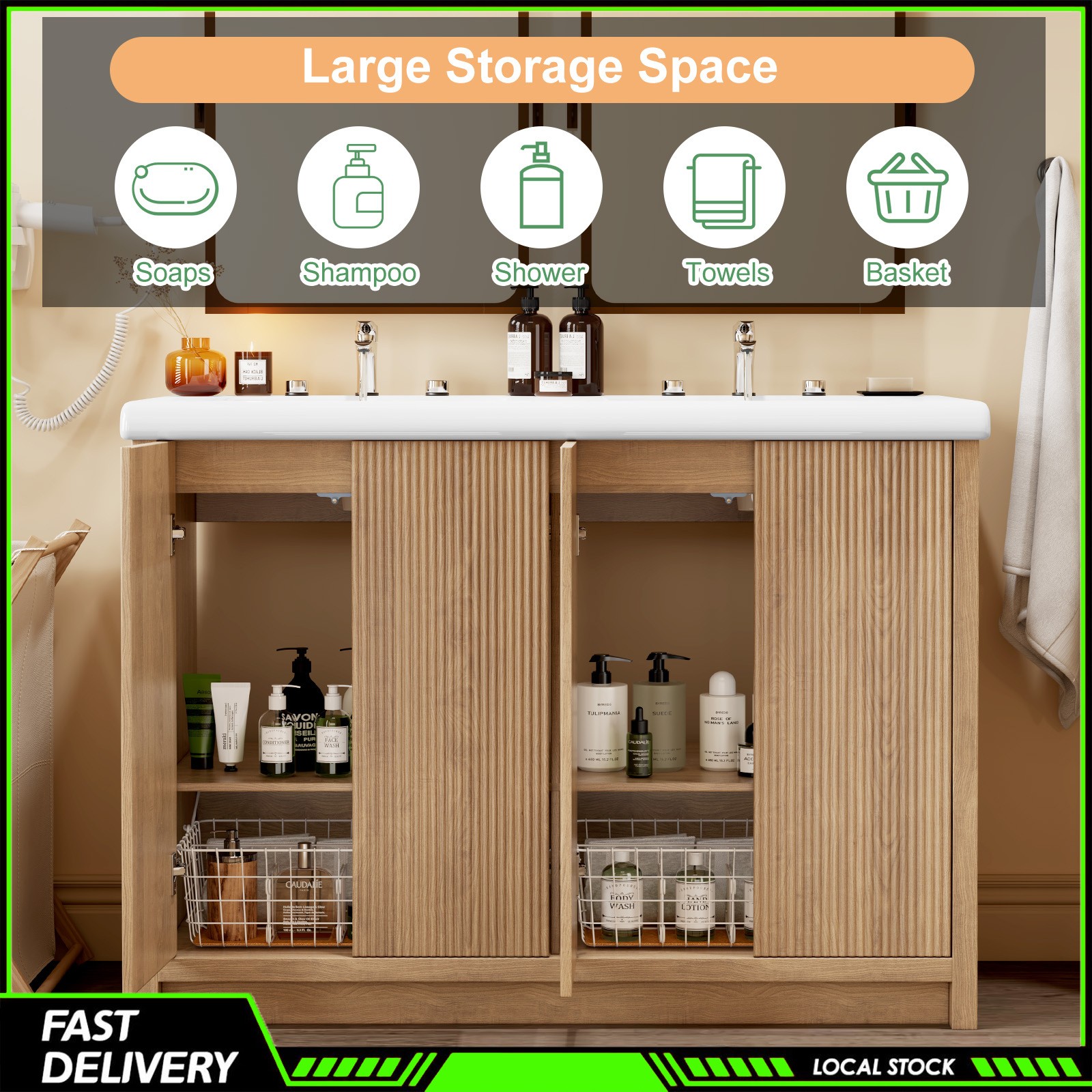 Storage Cabinet 47.3 Inch Modern Wood Grain Bathroom Vanity Double Ceramic Sink