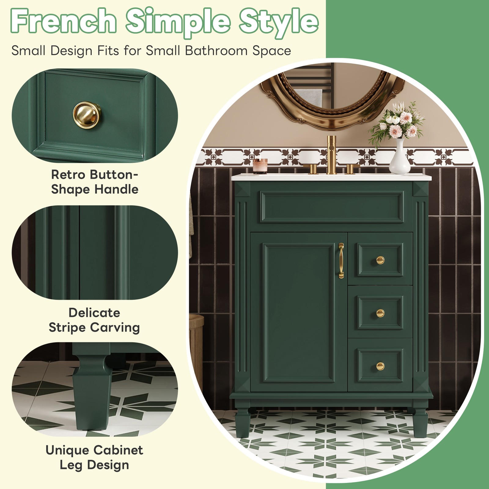 24″ Bathroom Vanity w/Ceramic Sink, Small Bathroom Sink Cabinet with 2 Drawers