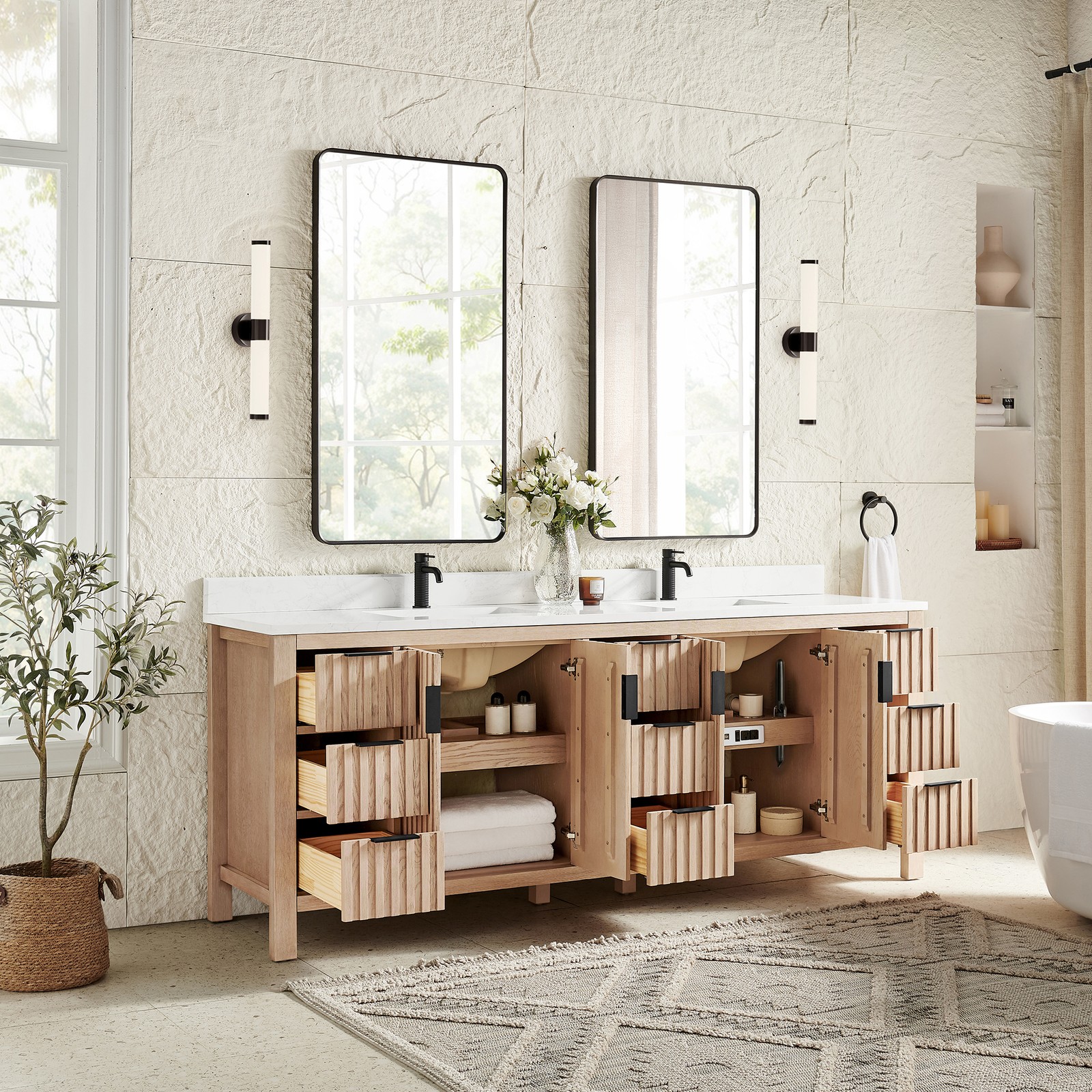 Shenzhen 84″ Double Bath Vanity in Aged Natural Oak with Composite Stone Top