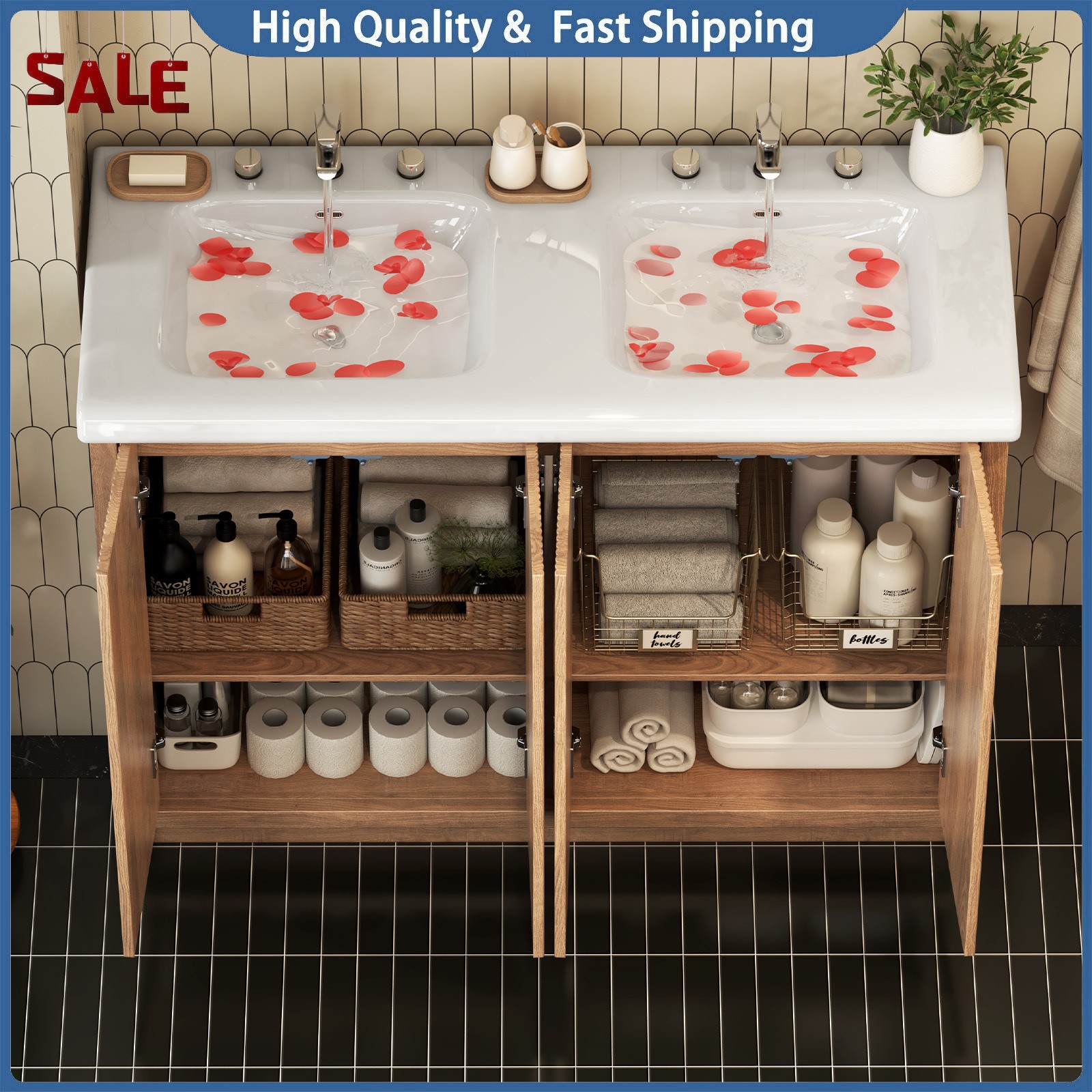 47″ Large Bathroom Vanity Double Ceramic Sink Freestanding Cabinet Storage