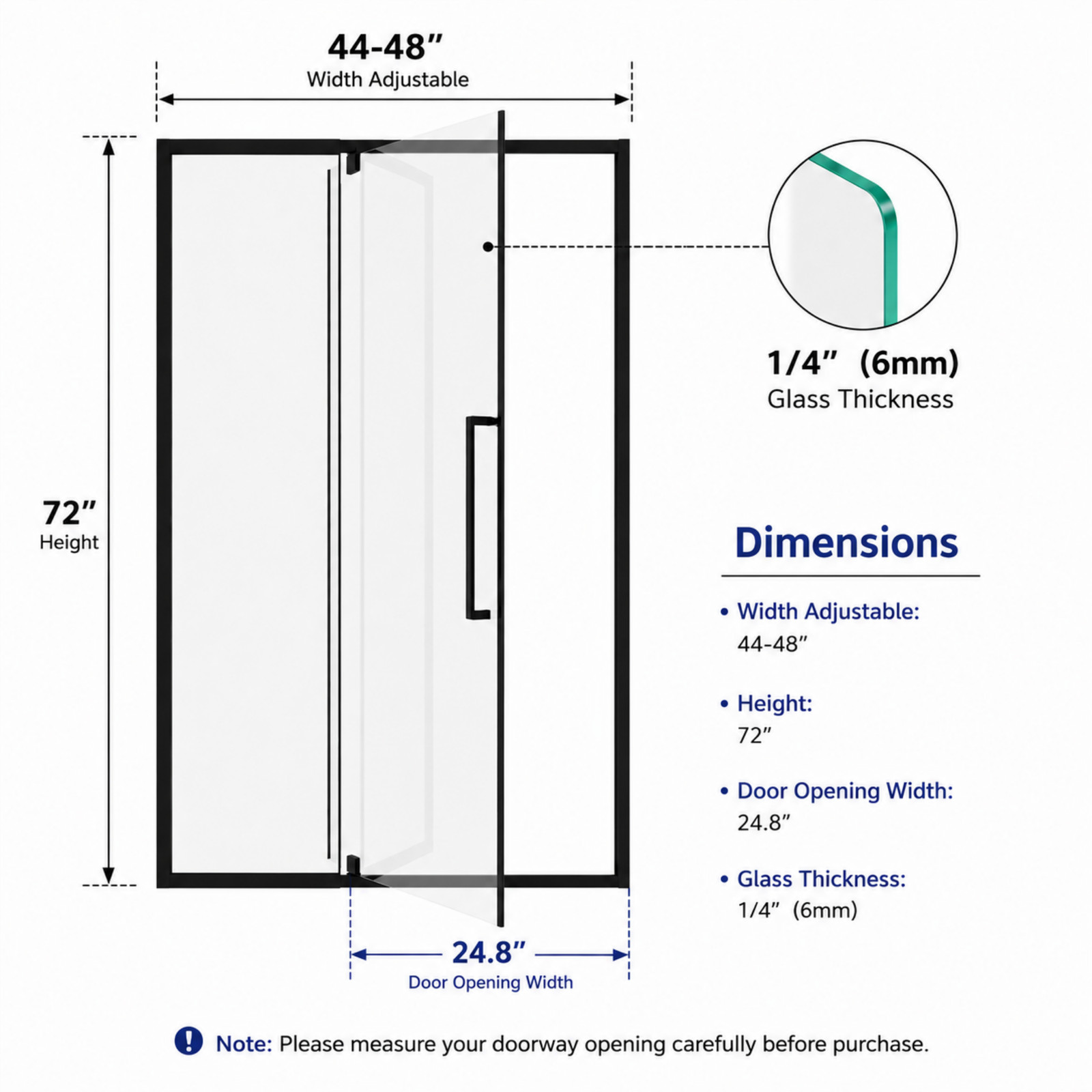 Semi-Frameless Pivot Hinged Glass Shower Door 44-48″ W x 72″ H