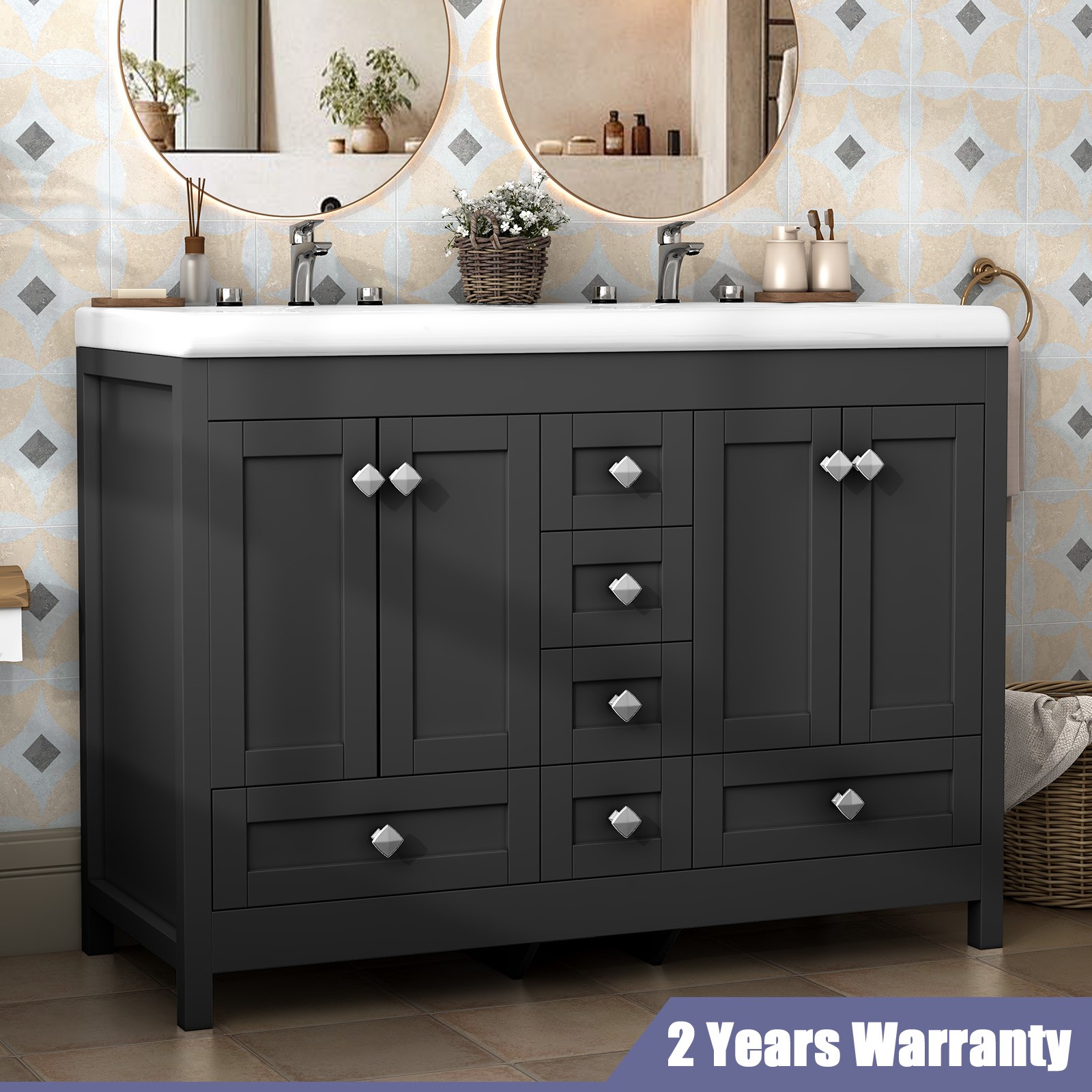 47″ Modern Freestanding Bathroom Vanity w/ Double Sink Ceramic Organizer Cabinet