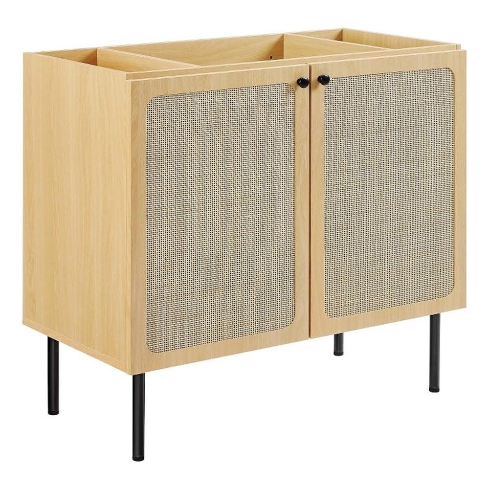 Pemberly Row 36″ Wood & Rattan Bathroom Vanity Cabinet in Oak