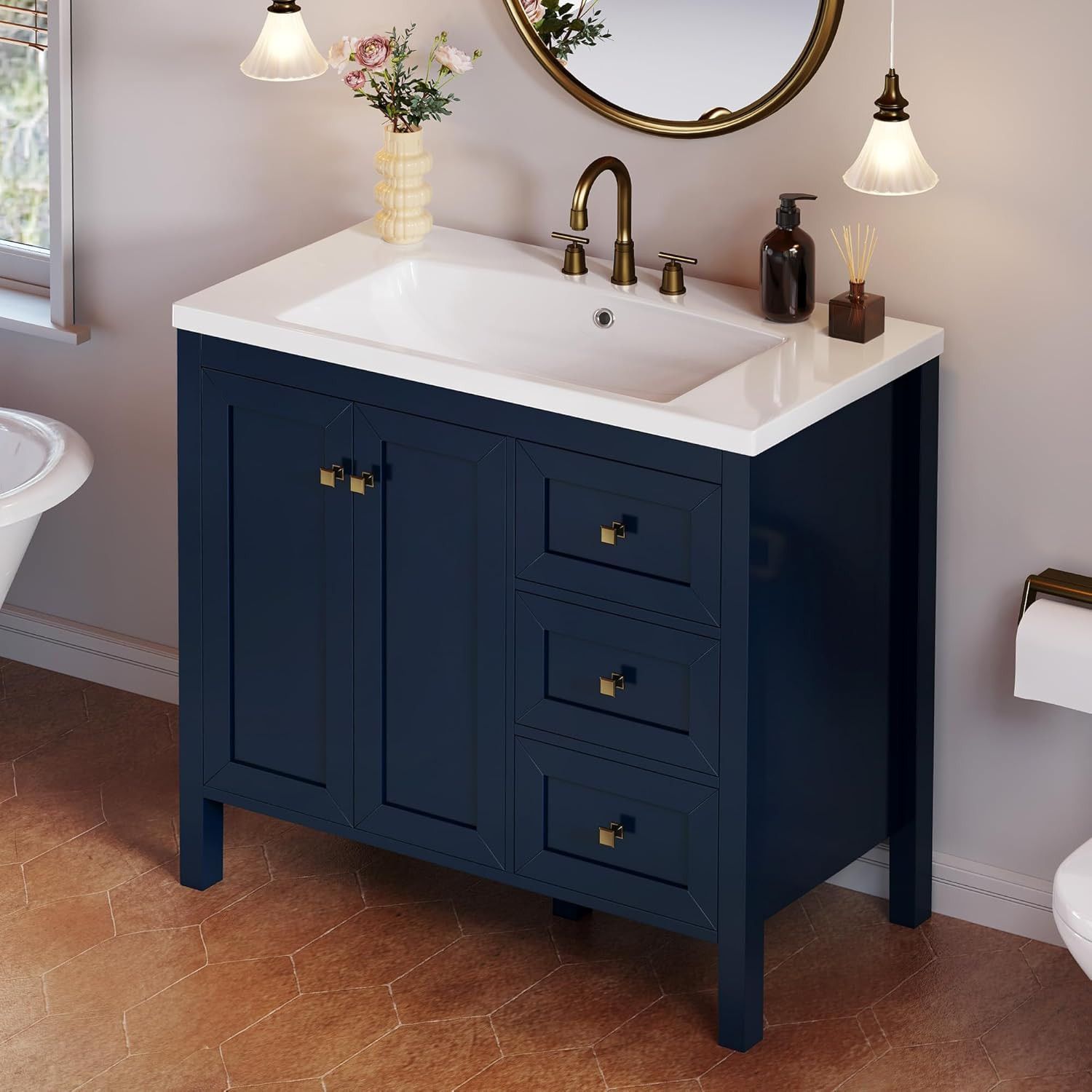 Navy Blue 36″ Vintage Bathroom Vanity with Sink, Soft-Closing Doors & Drawers